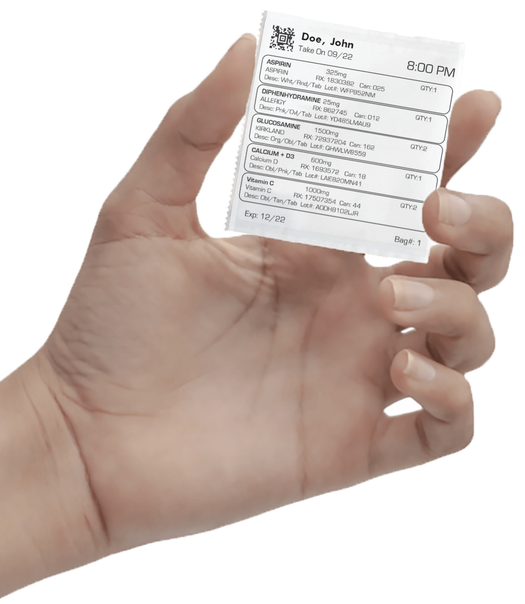 Hand holding a personalized medication pack called SyncRx from Gibson Pharmacy